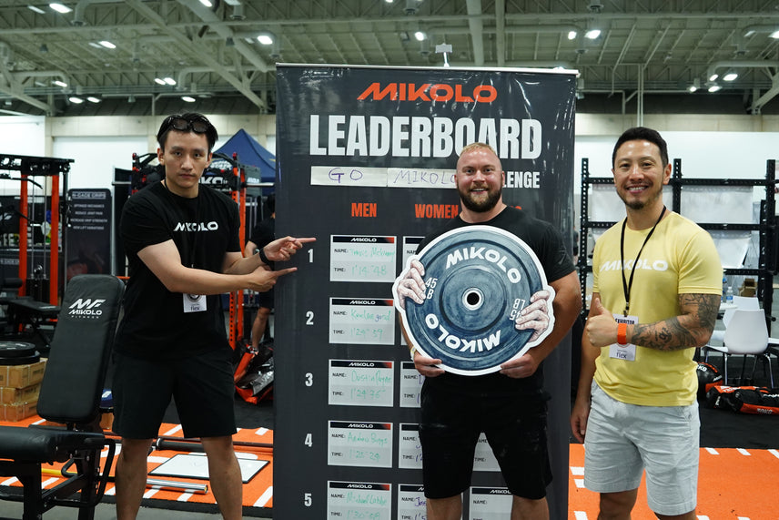 Three men stand before a Mikolo leaderboard; one points to the top score, another holds a large prop weight plate, and the th