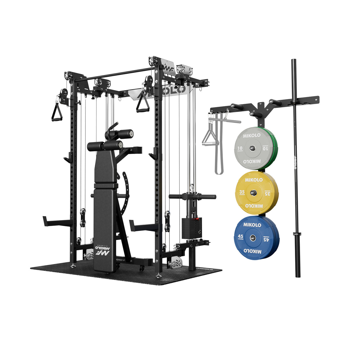 Black Mikolo power rack with cable system, bench, weight plate storage holding bumper plates, barbell, and floor mat