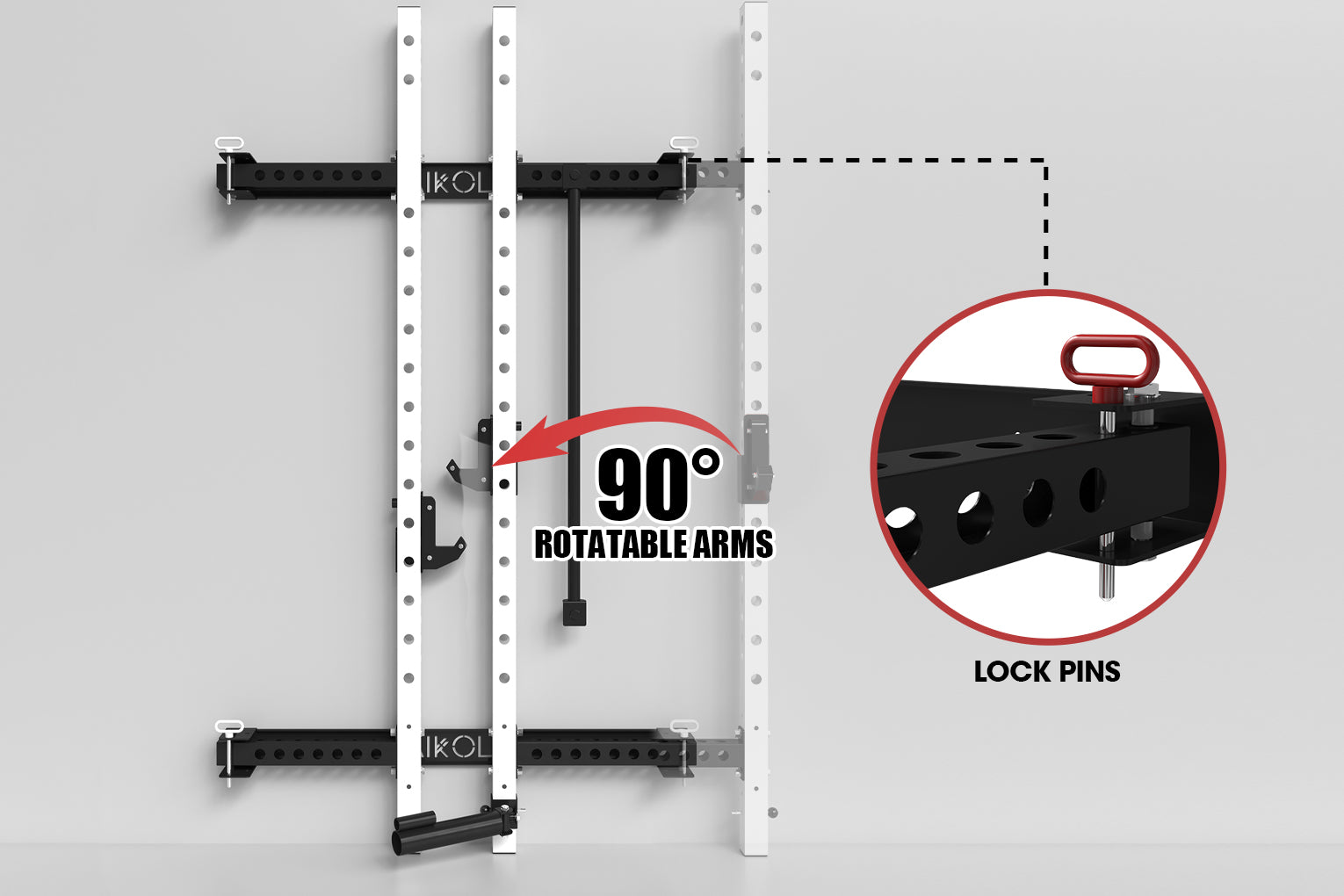 Wall mounted folding white squat rack with rotatable arms - MIKOLO