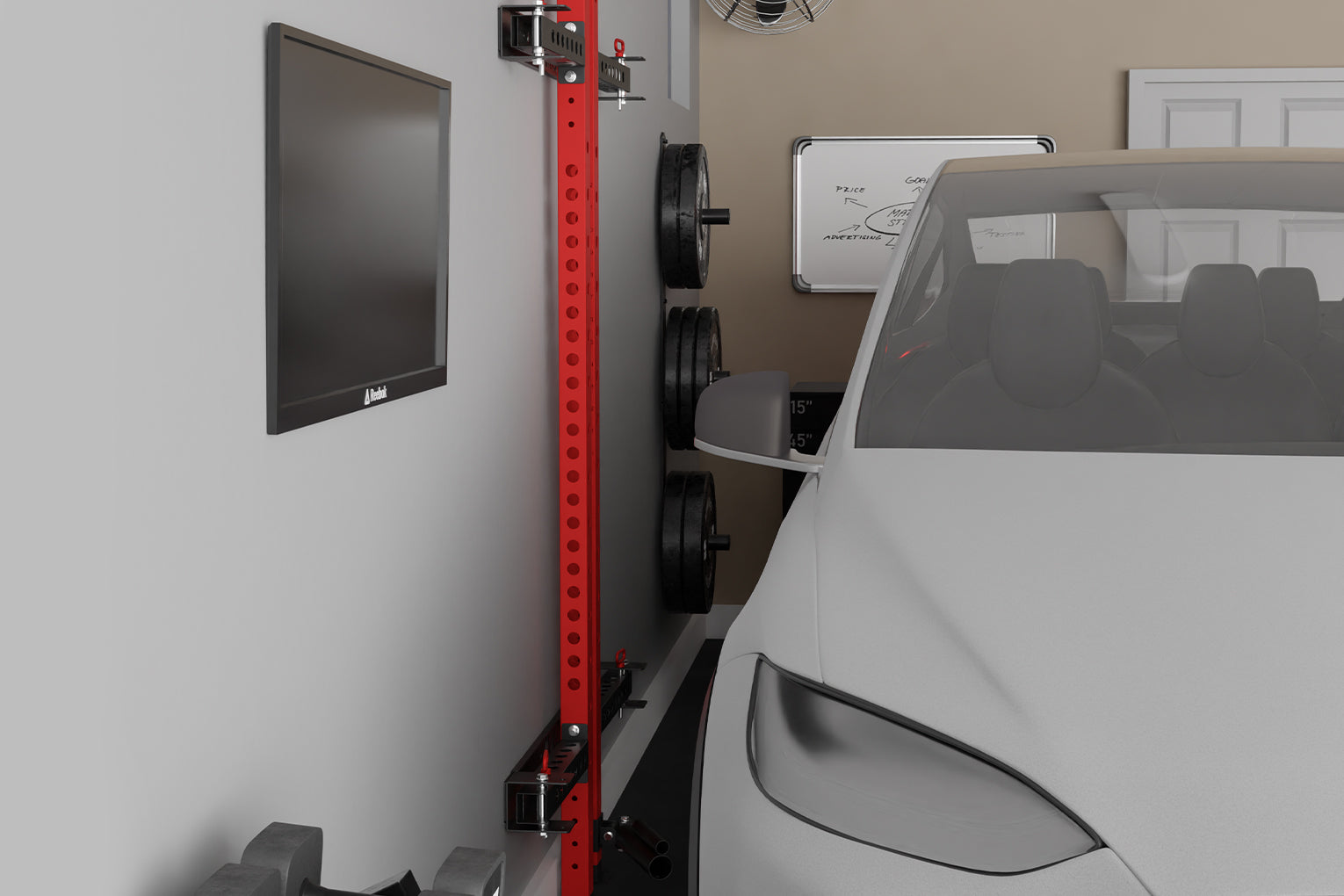 Wall mounted folding red squat rack for home gym - MIKOLO