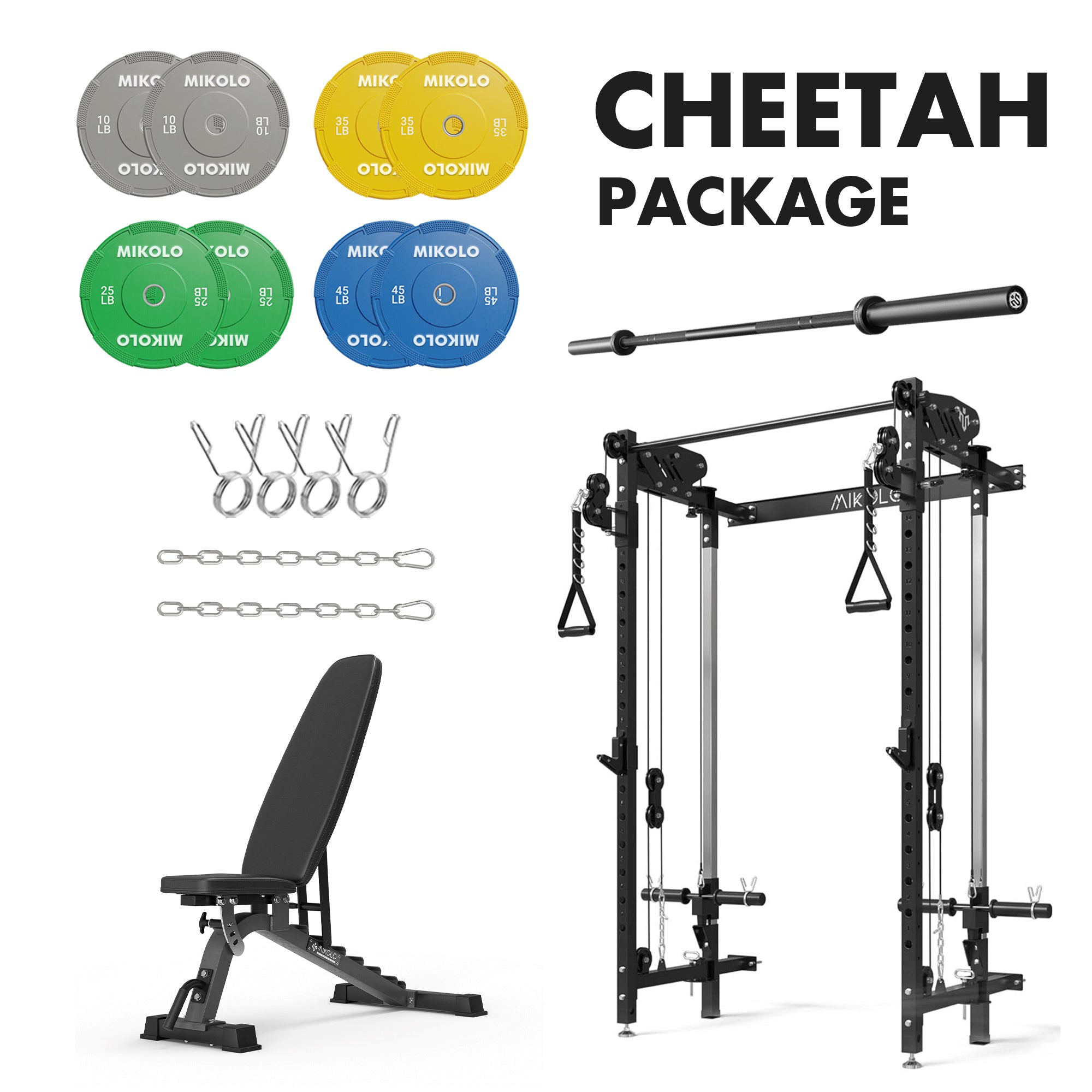 MIKOLO CHEETAH Package Which Contains Black Barbell, Adjustable Fid Bench And Bumper Plates