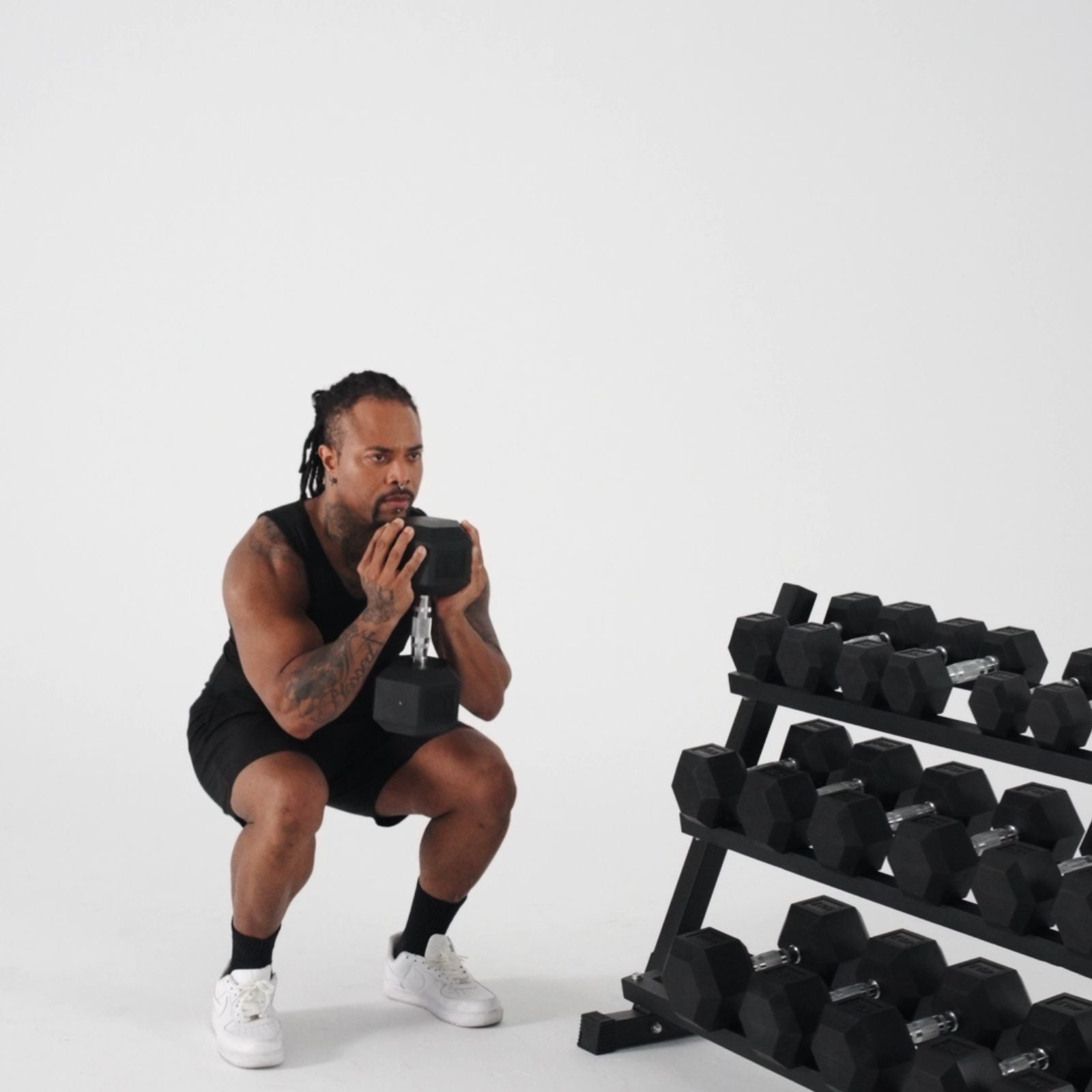 Rubber Hex Dumbbells Set with Rack