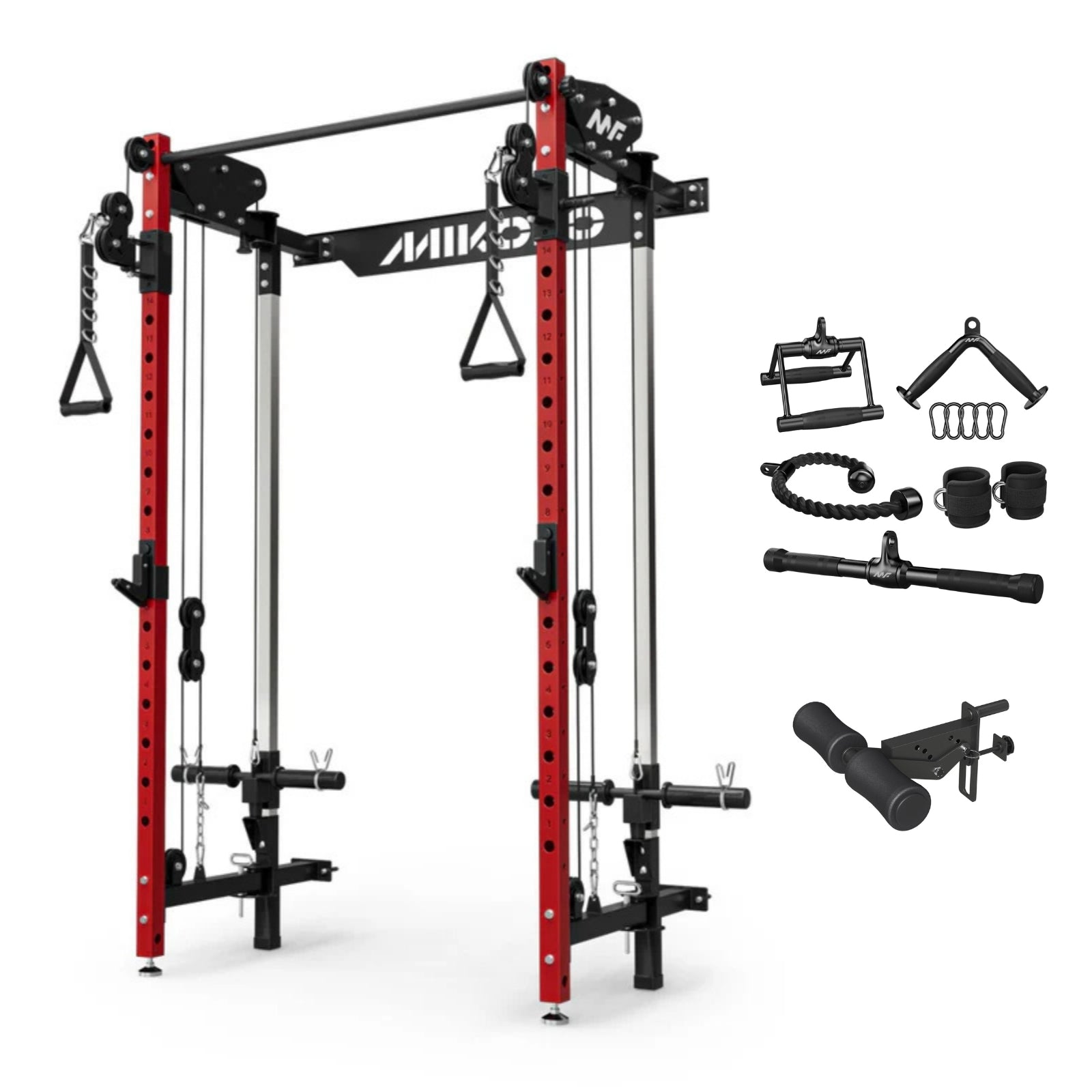 Mikolo Cheetah Foldable Wall Mounted All-in-One Functional Trainer in Red and Black with Attachments