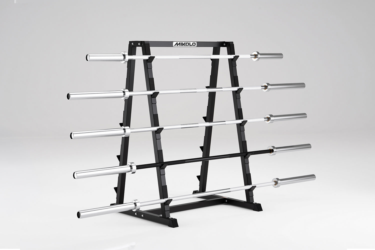 Black Mikolo five-tier barbell storage rack holding four silver and one black barbell