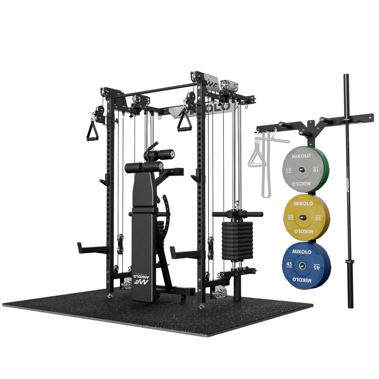 Mikolo Cheetah 2.0 Elite folding power rack home gym bundle in black, featuring integrated weight stack, FID bench, 7ft Olympic barbell, bumper plates, rubber floor mats, and wall storage.