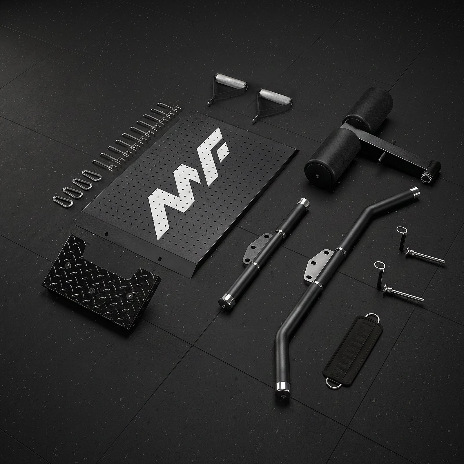 Full set of included attachments and pegboard storage for the Mikolo FALCON™-2.0 Functional Trainer