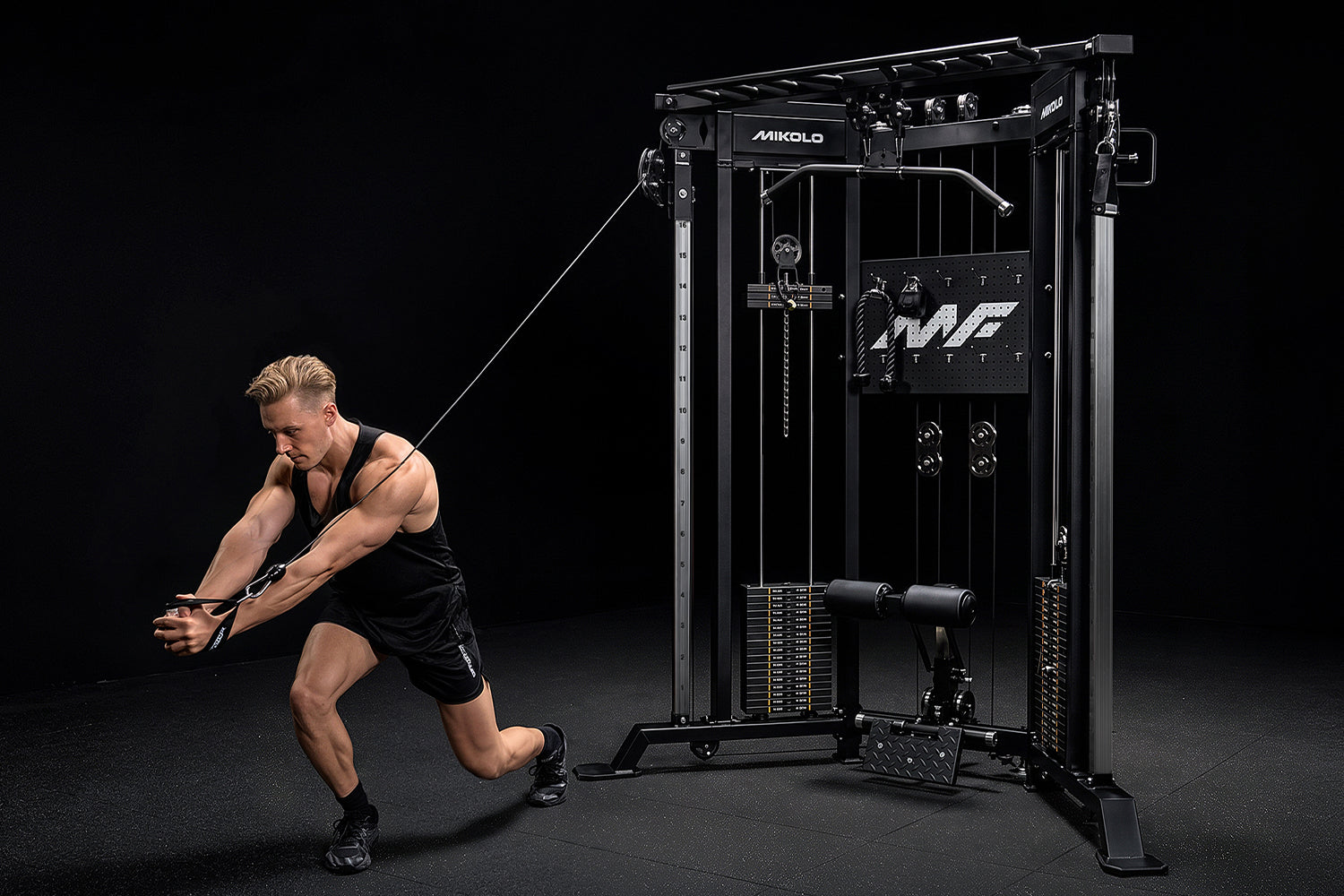 Close-up of the long cable travel system on the Mikolo FALCON 2.0 Functional Trainer providing extended range of motion