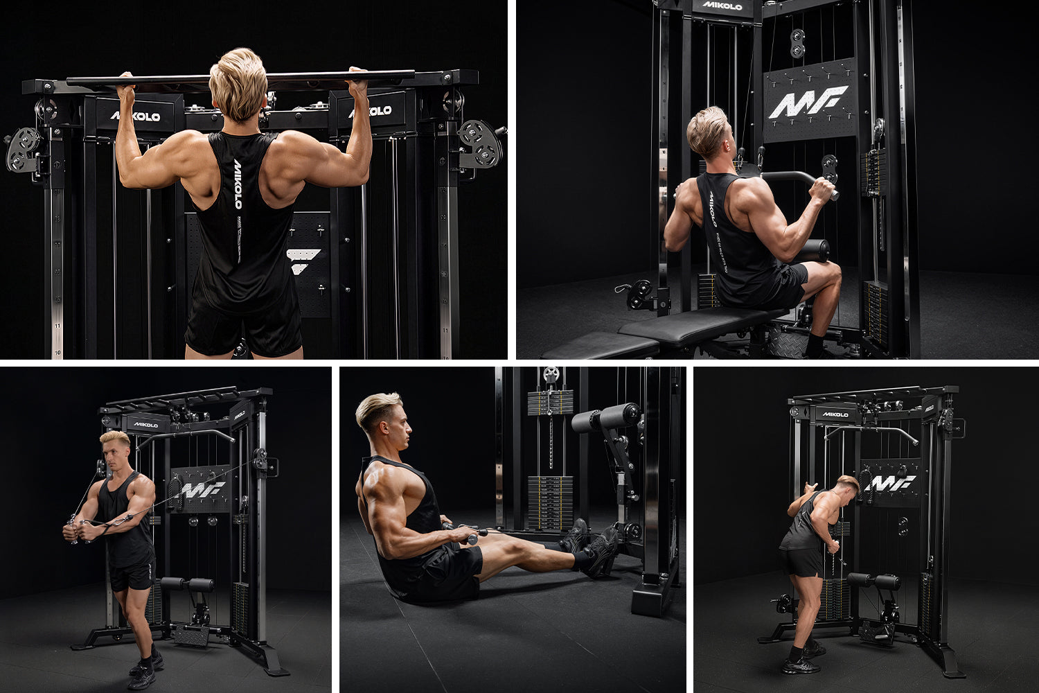 Demonstration of multiple upper body exercises including pull-ups, lat pulldowns, low rows, and cable crossovers on the Mikolo Falcon 2.0 Functional Trainer