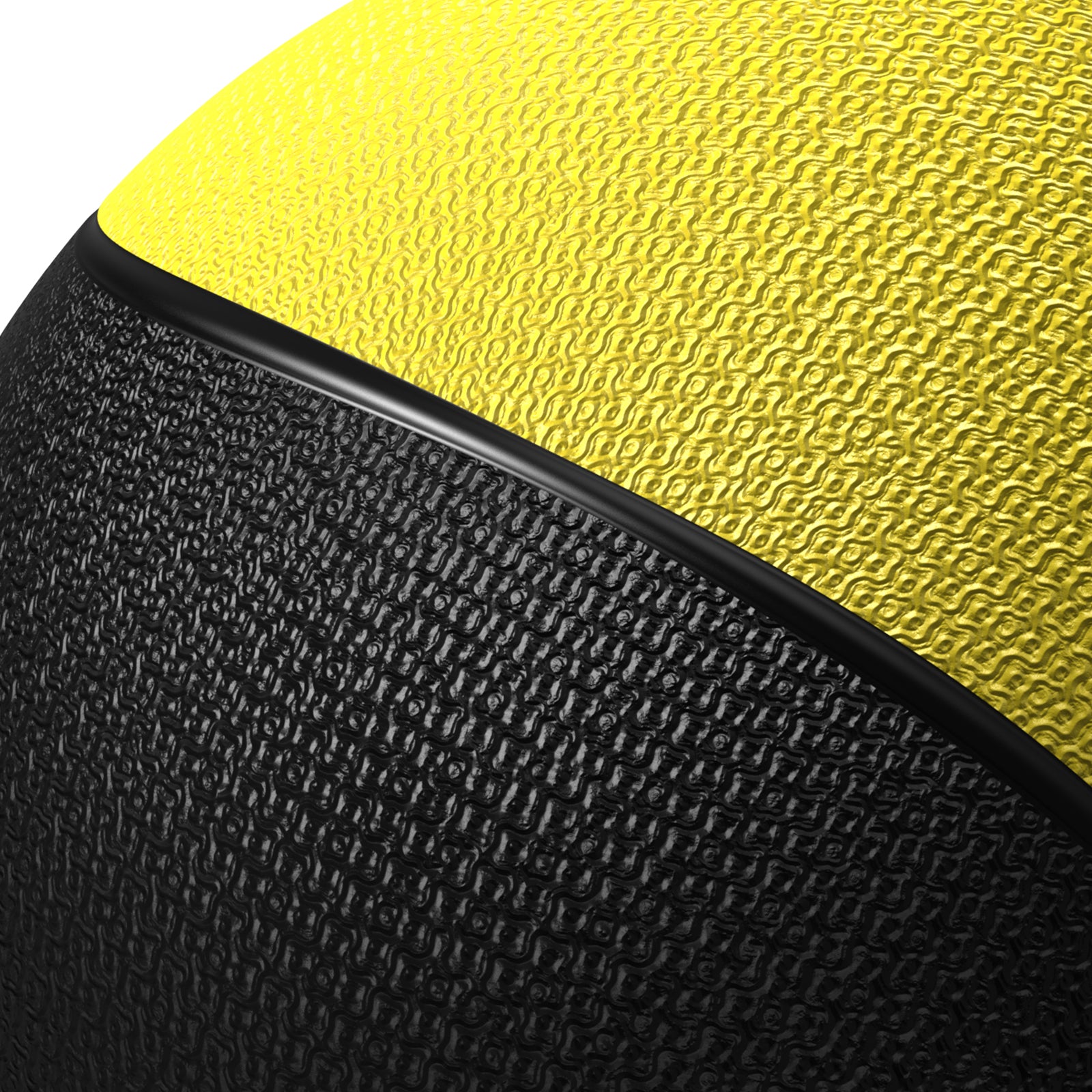 Close-up of a yellow and black medicine ball featuring a dimpled, grippy texture and a black seam