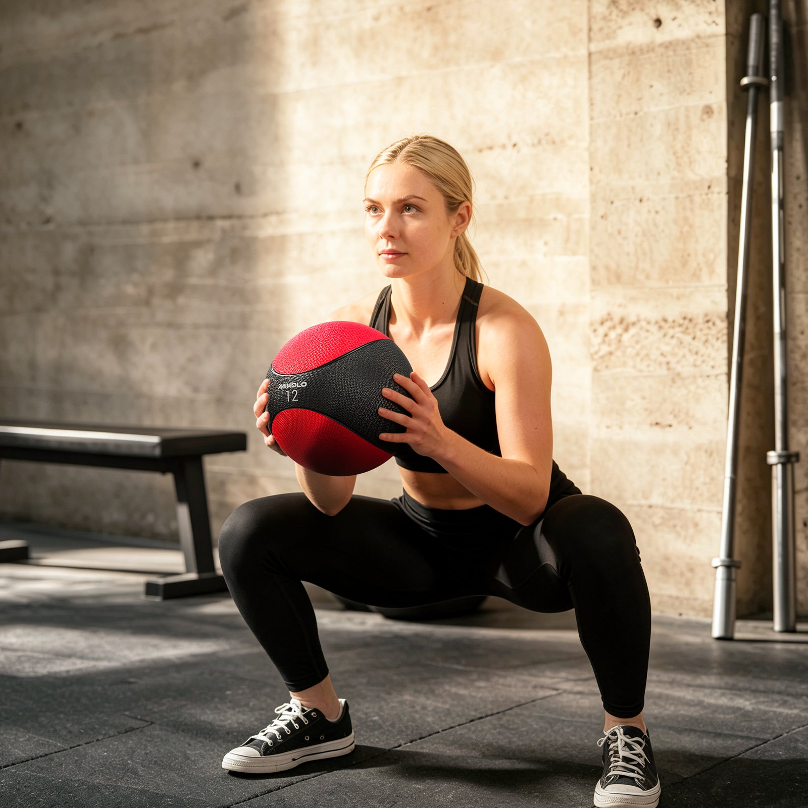 Woman in black athletic wear squatting while holding a red and black medicine ball in a gym