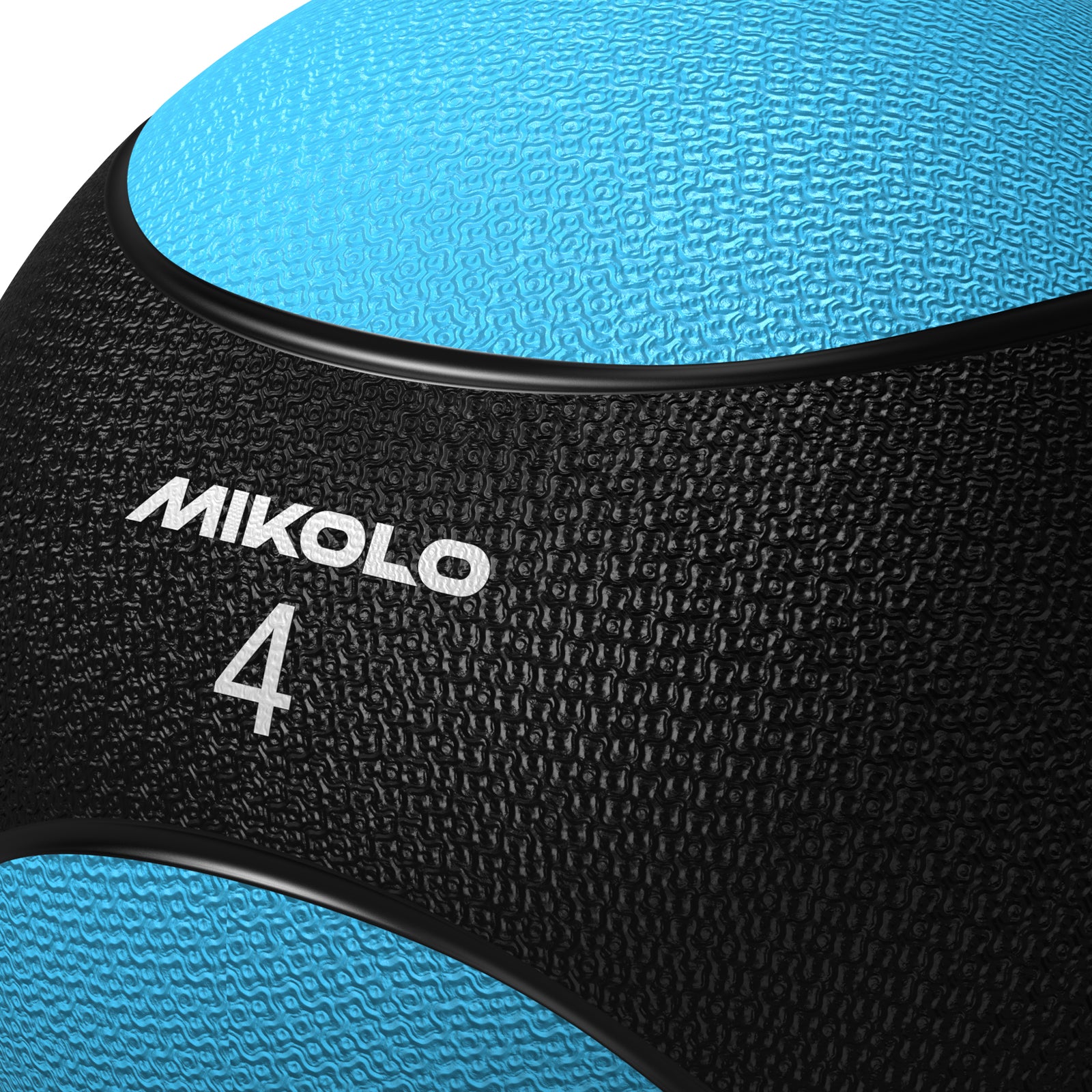 Textured black and blue medicine ball with white text reading MIKOLO and the number 4