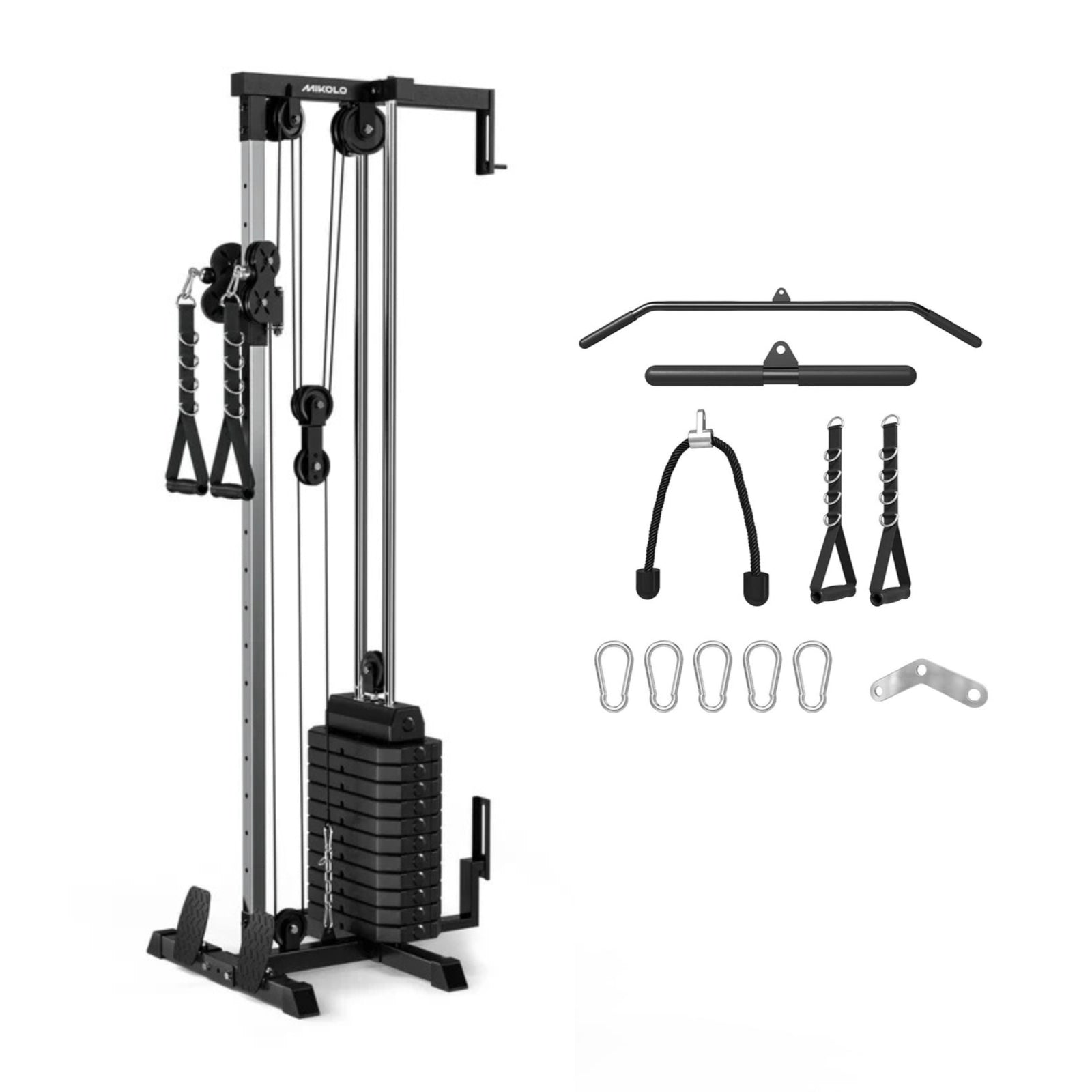 Mikolo G9 Cable Tower Station with weight stack and cable attachments, front view