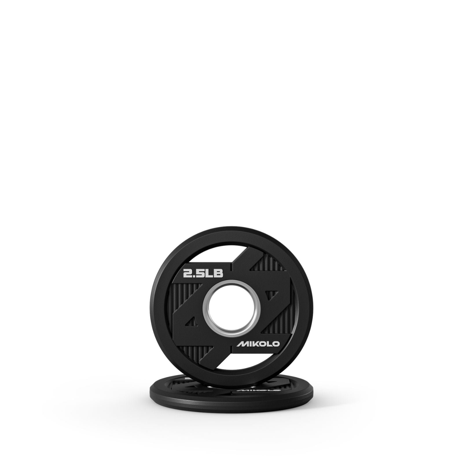 Black Mikolo 2.5LB Olympic grip plate with silver center ring standing on a flat plate