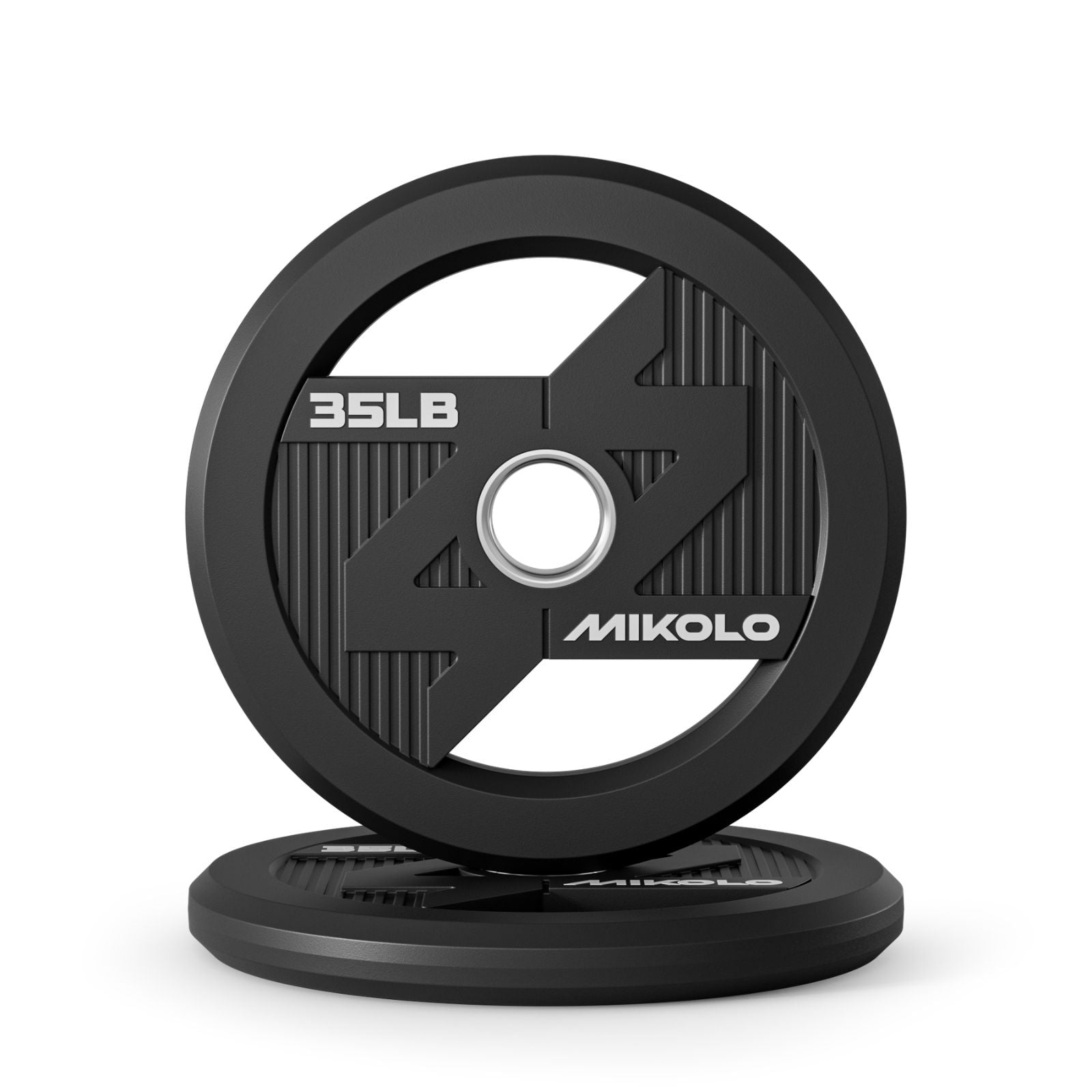 Black Mikolo 35lb rubber weight plate standing upright on a flat plate featuring white text and a silver center ring
