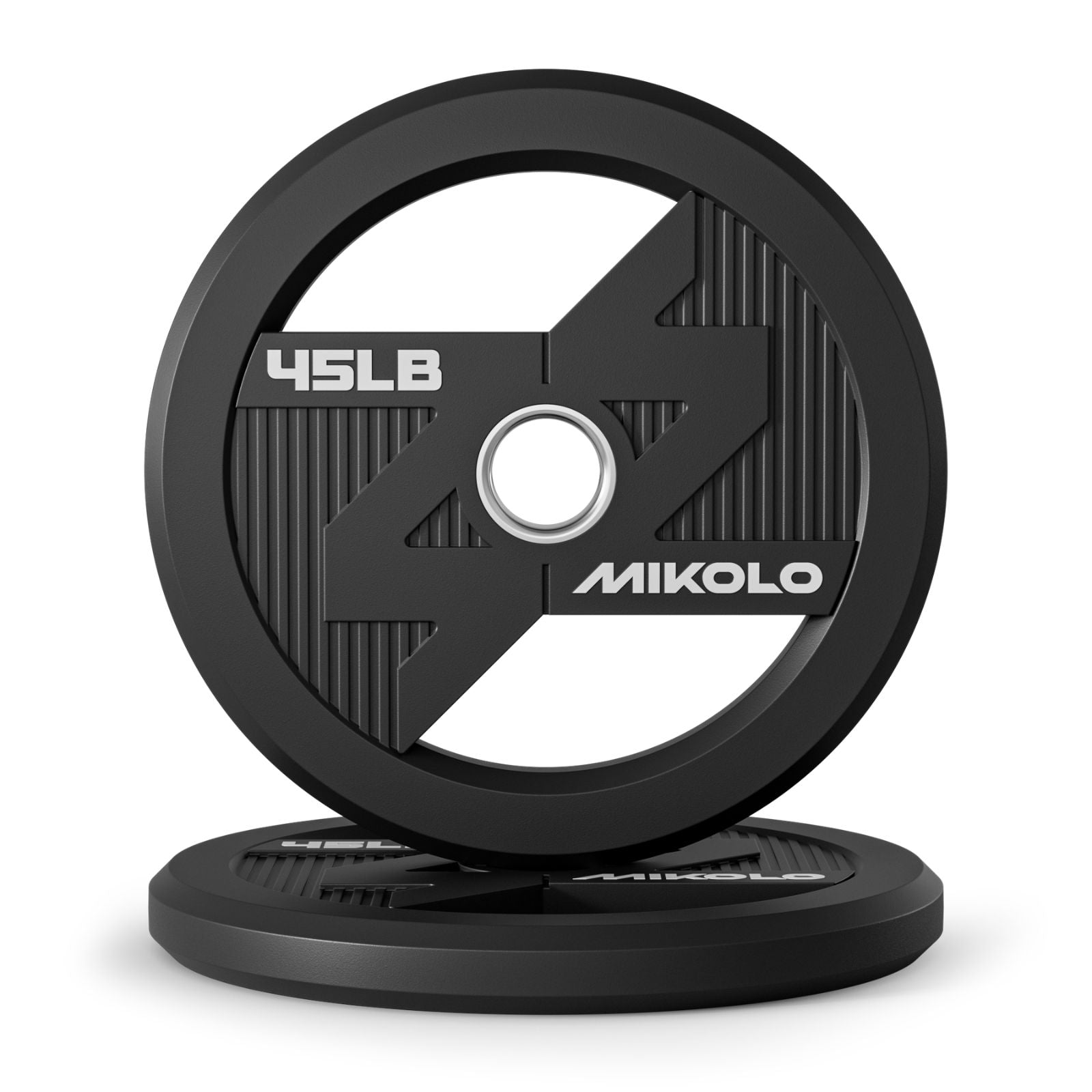 Upright black Mikolo 45lb weight plate resting on a flat plate, displaying 45LB text and a large central 45 graphic with a si
