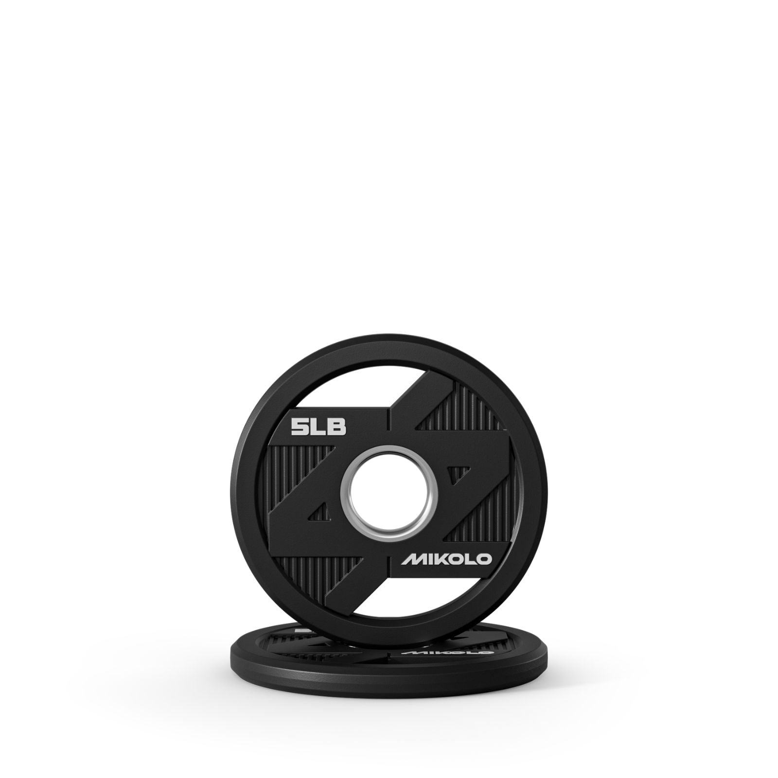 Black Mikolo 5lb Olympic weight plate standing upright on a flat plate with white text and silver center ring