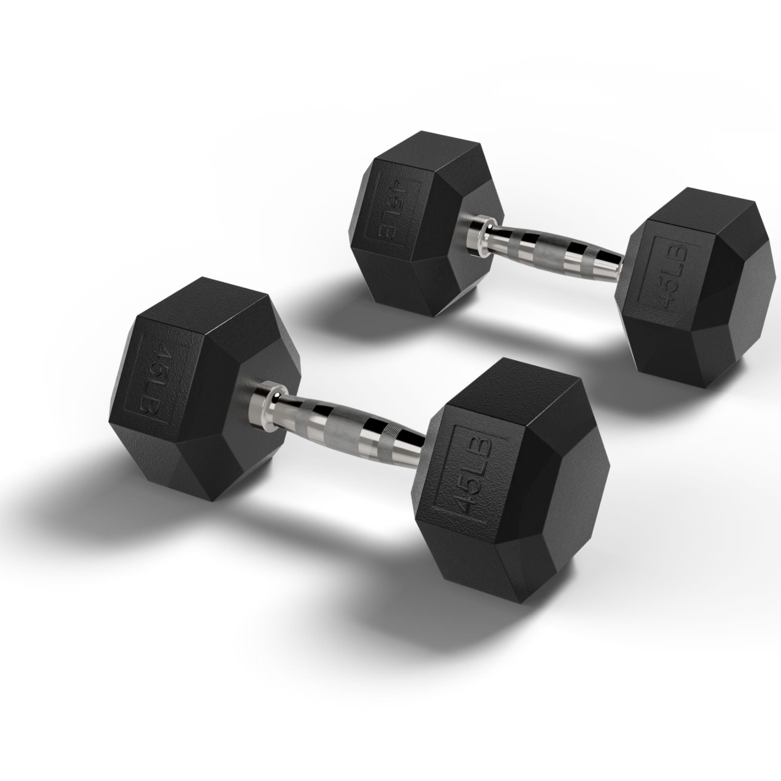 Two black rubber hex dumbbells with silver handles showing 45LB weight markings on the ends