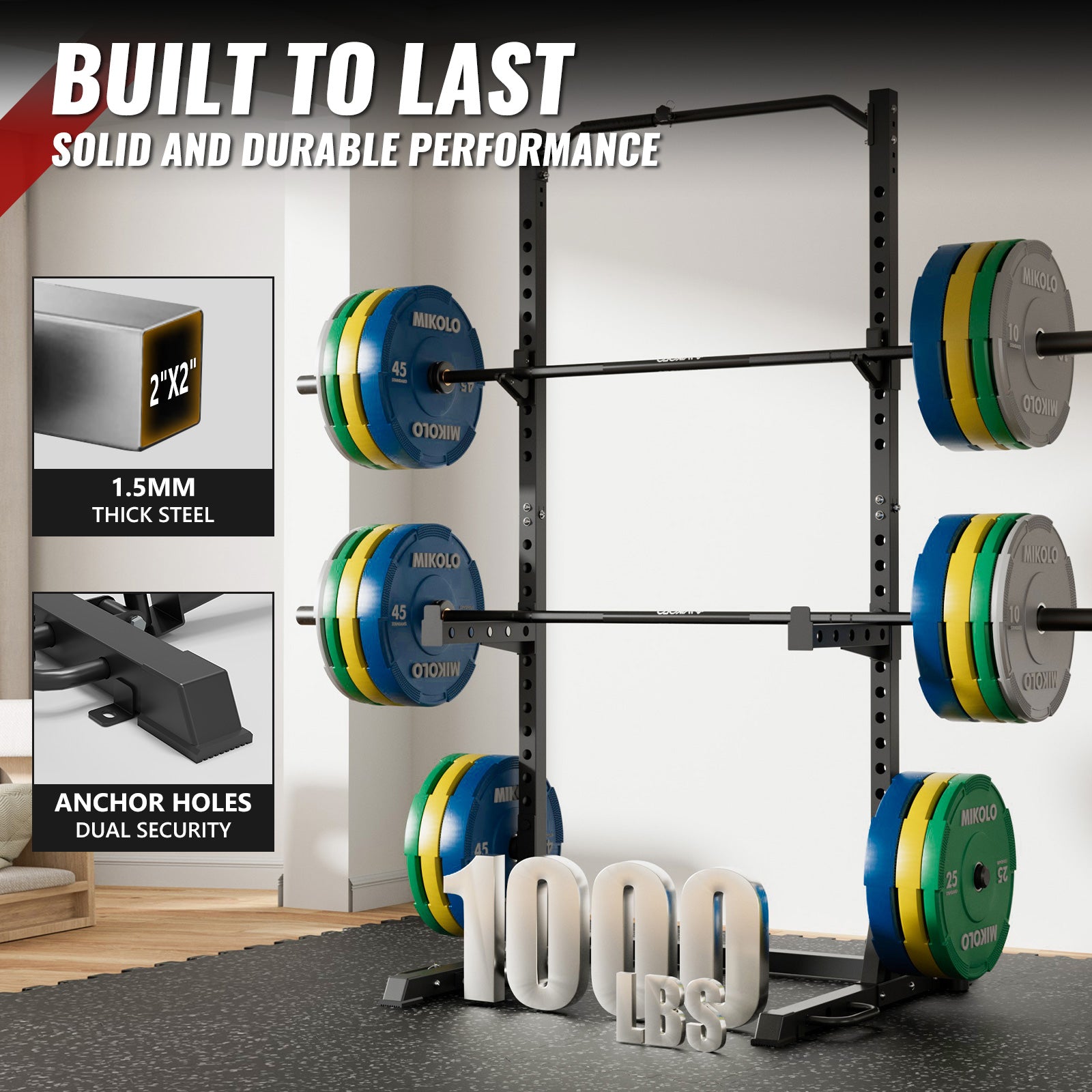 MIKOLO HR00 ADJUSTABLE SQUAT STAND WITH SAFETY SPOTTER ARMS