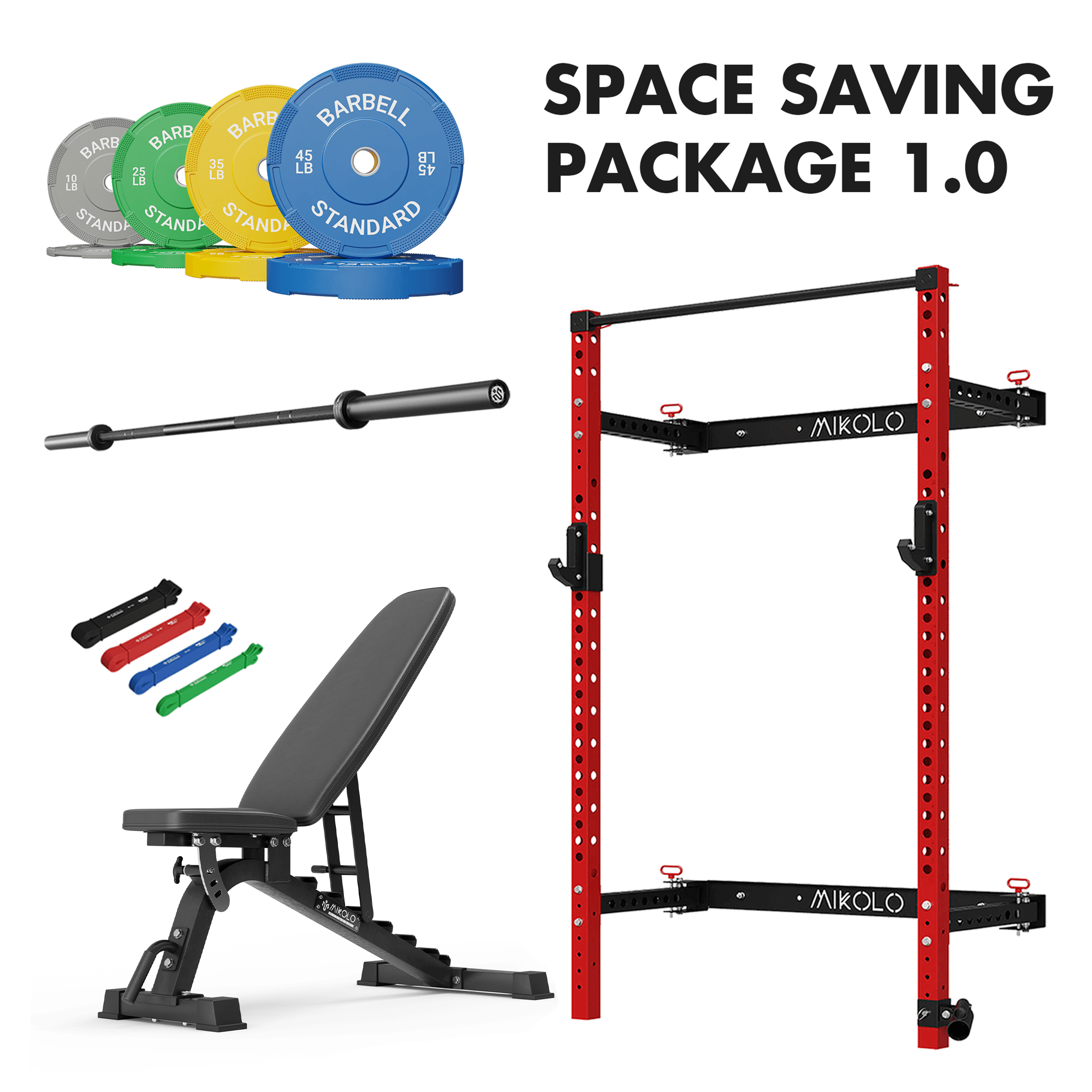 Wall mounted folding red squat rack package which contains a black barbell, a adjustable weight bench, 230lbs bumper weight plates set - MIKOLO