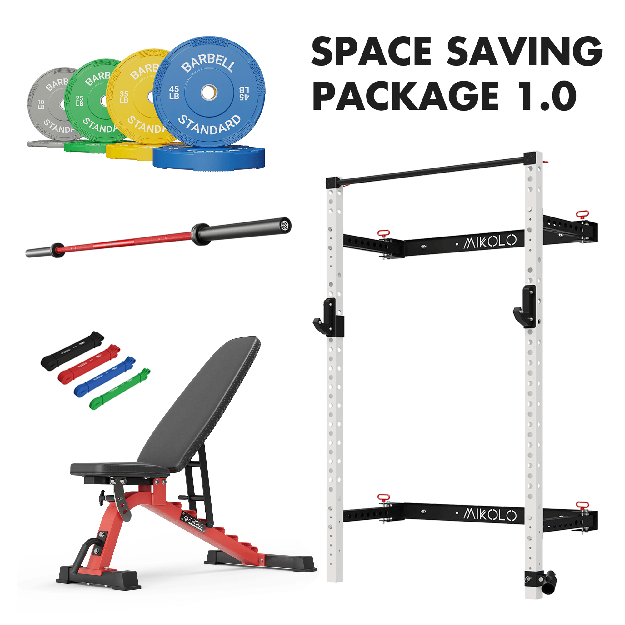 Wall mounted folding white squat rack package which contains a black & red barbell, a adjustable weight bench, 230lbs bumper weight plates set - MIKOLO