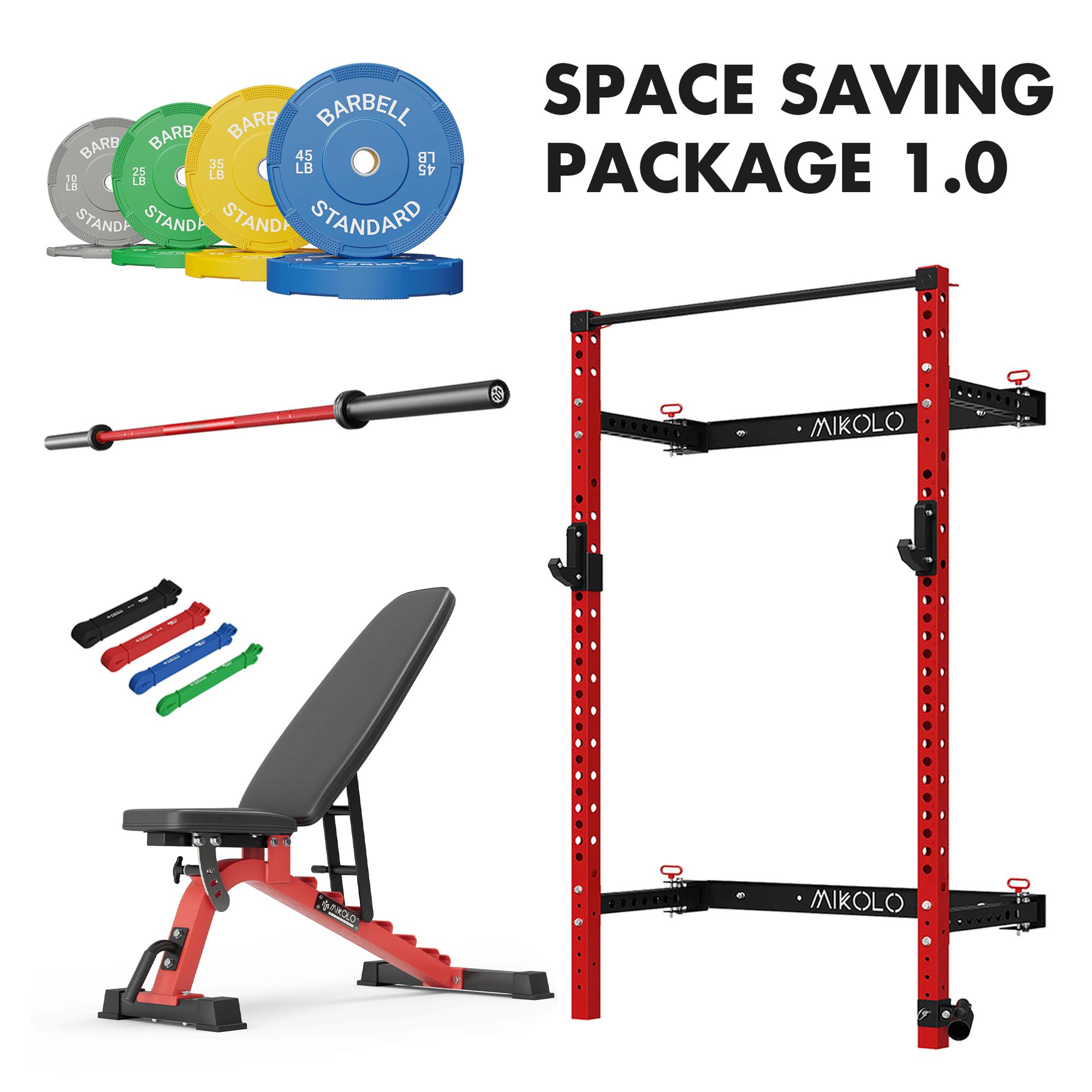 Wall mounted folding red squat rack package which contains a black & red barbell, a adjustable weight bench, 230lbs bumper weight plates set - MIKOLO