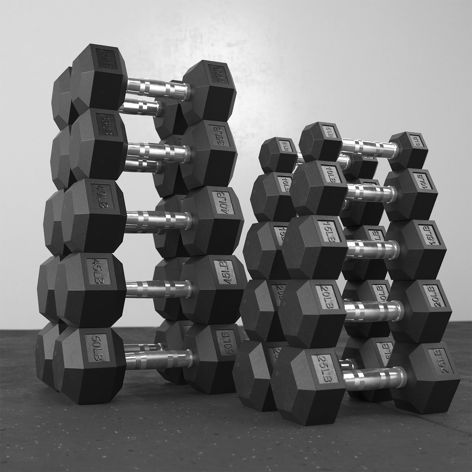 Rubber Hex Dumbbell Set with A-Frame 5 Tier Dumbbell Rack