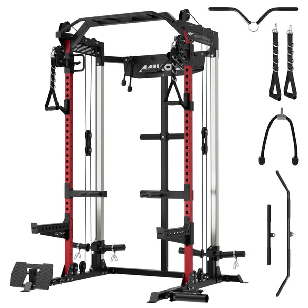 Red and black Mikolo power rack with cable system, pull-up bar, safety bars, and accessories like lat bar, rope, and straps
