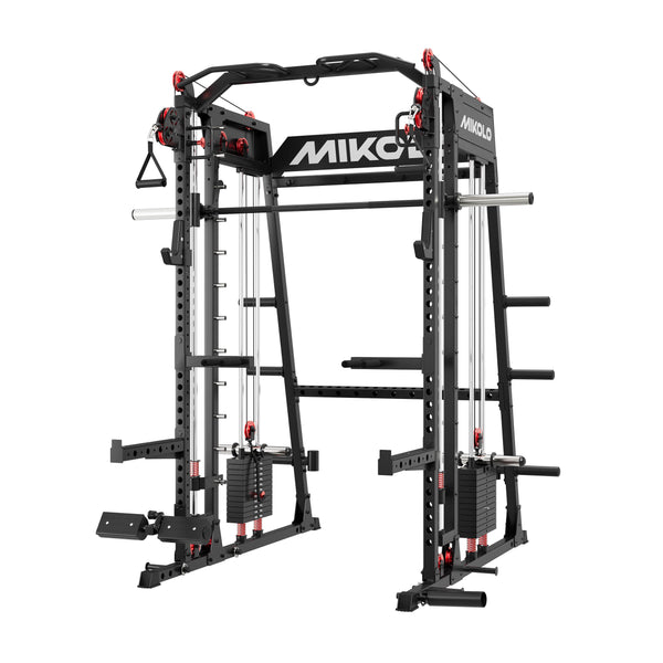 Black Mikolo power rack with Smith machine bar, dual cable pulley systems, weight stacks, and pull-up bar structure