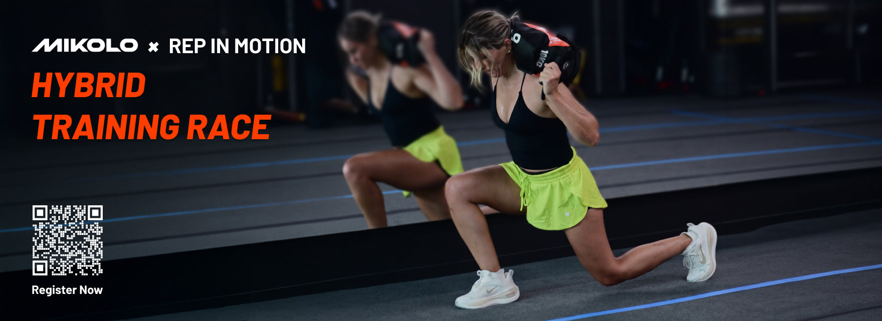 Woman lunging with a weighted bag for the Mikolo x Rep in Motion Hybrid Training Race with a registration QR code
