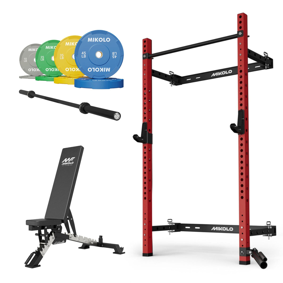 Red Mikolo power rack, black adjustable bench, barbell, and set of grey, green, yellow, and blue bumper plates