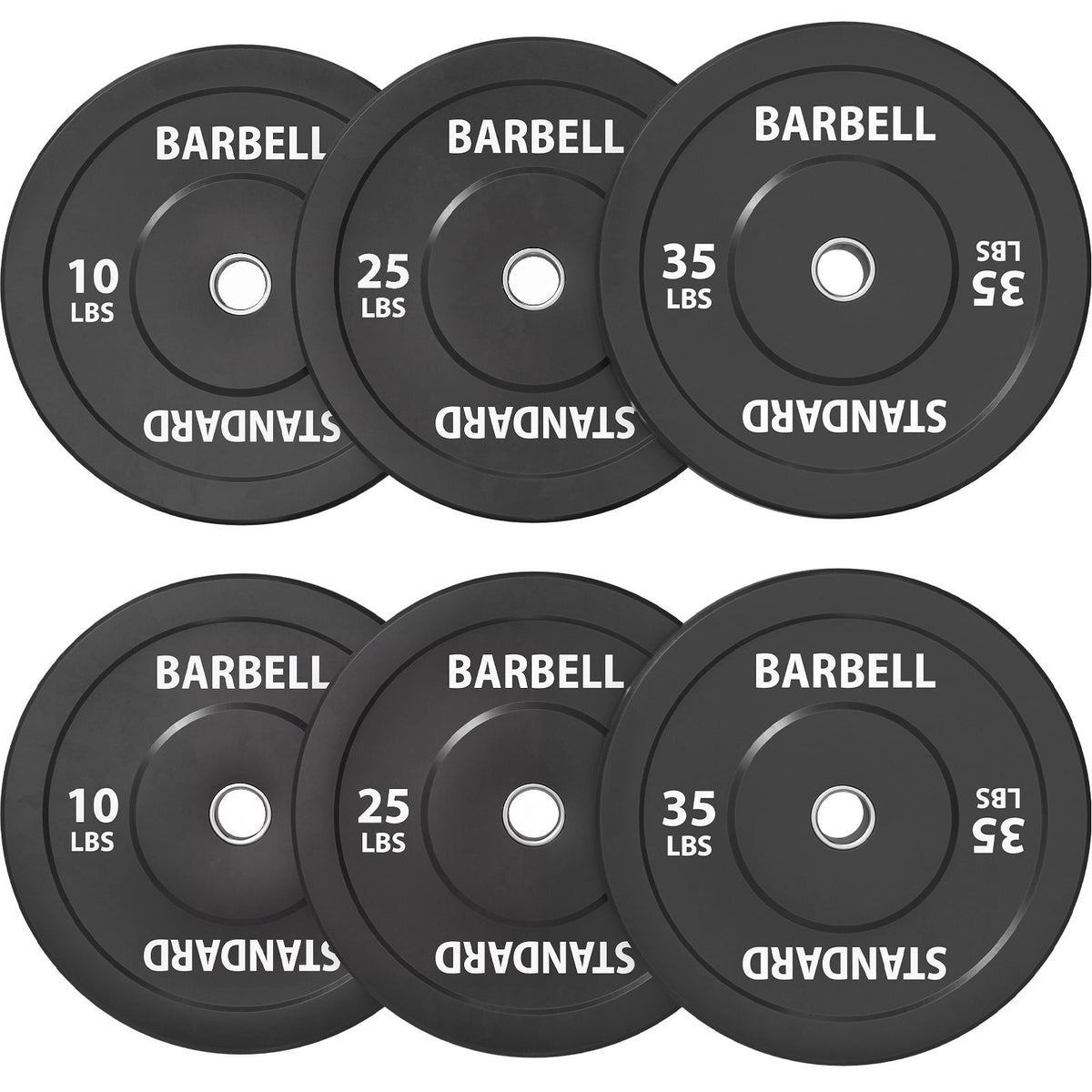 Six black standard barbell weight plates arranged in pairs of 10, 25, and 35 lbs with white text
