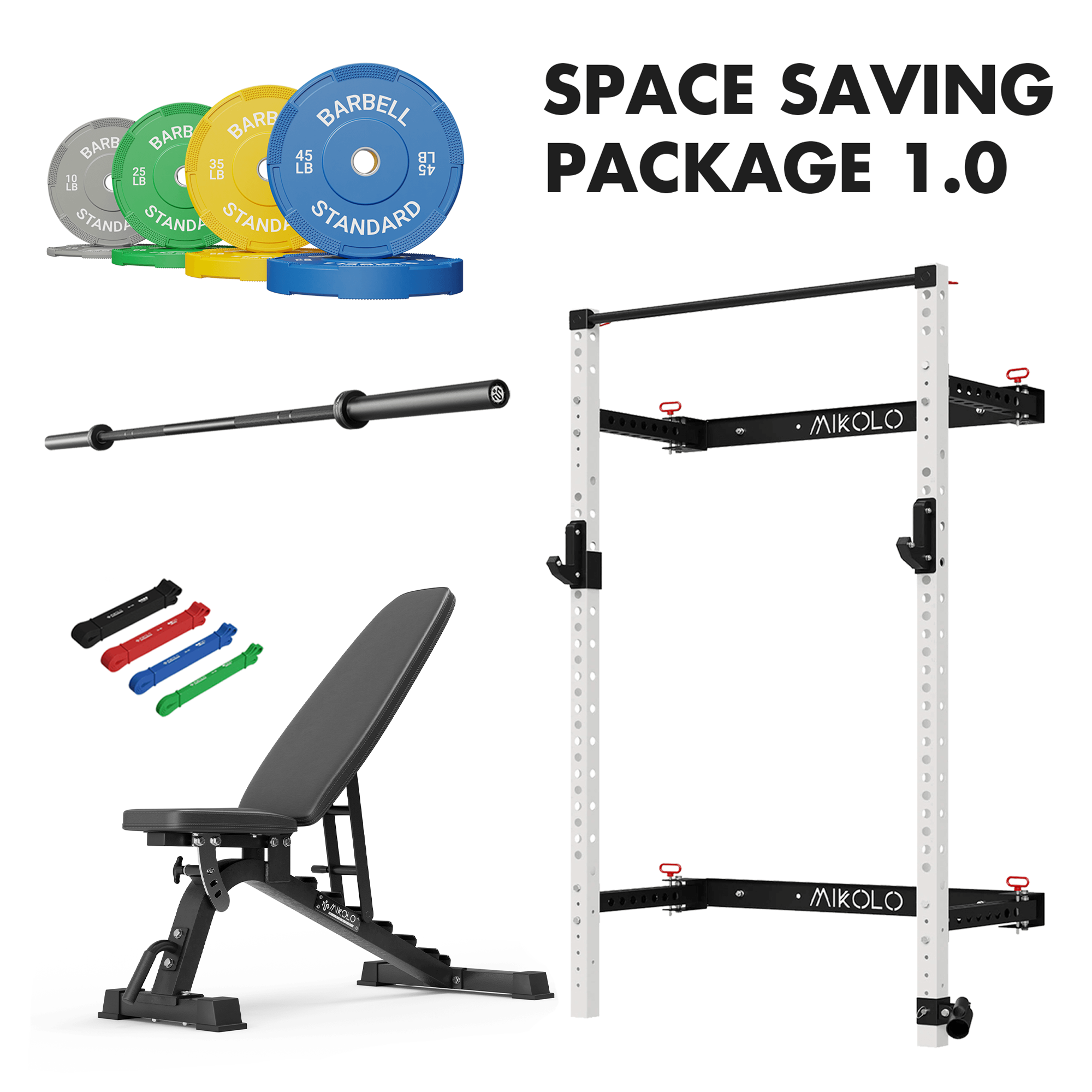 Wall mounted folding white squat rack package which contains a black barbell, a adjustable weight bench, 230lbs bumper weight plates set - MIKOLO