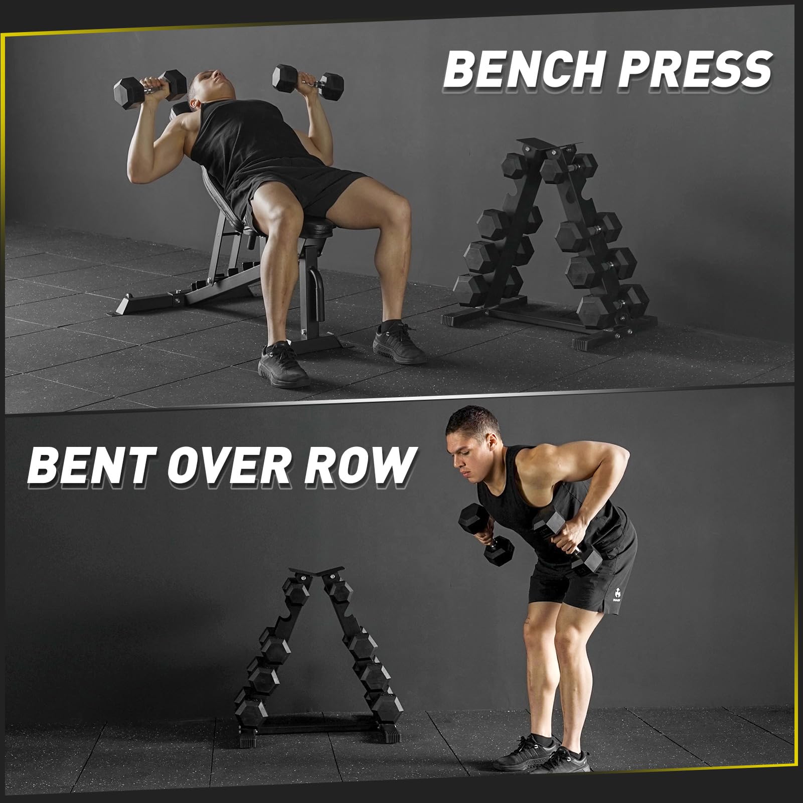 Rubber Hex Dumbbell Set with A-Frame 5 Tier Dumbbell Rack