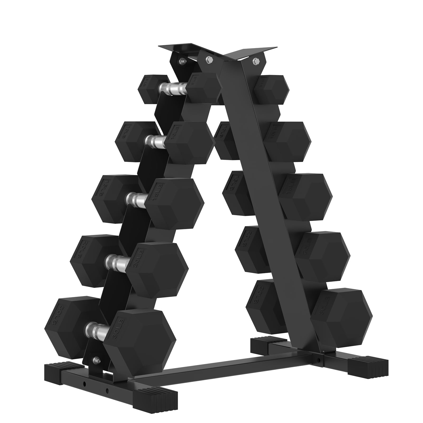 Rubber Hex Dumbbell Set with A-Frame 5 Tier Dumbbell Rack