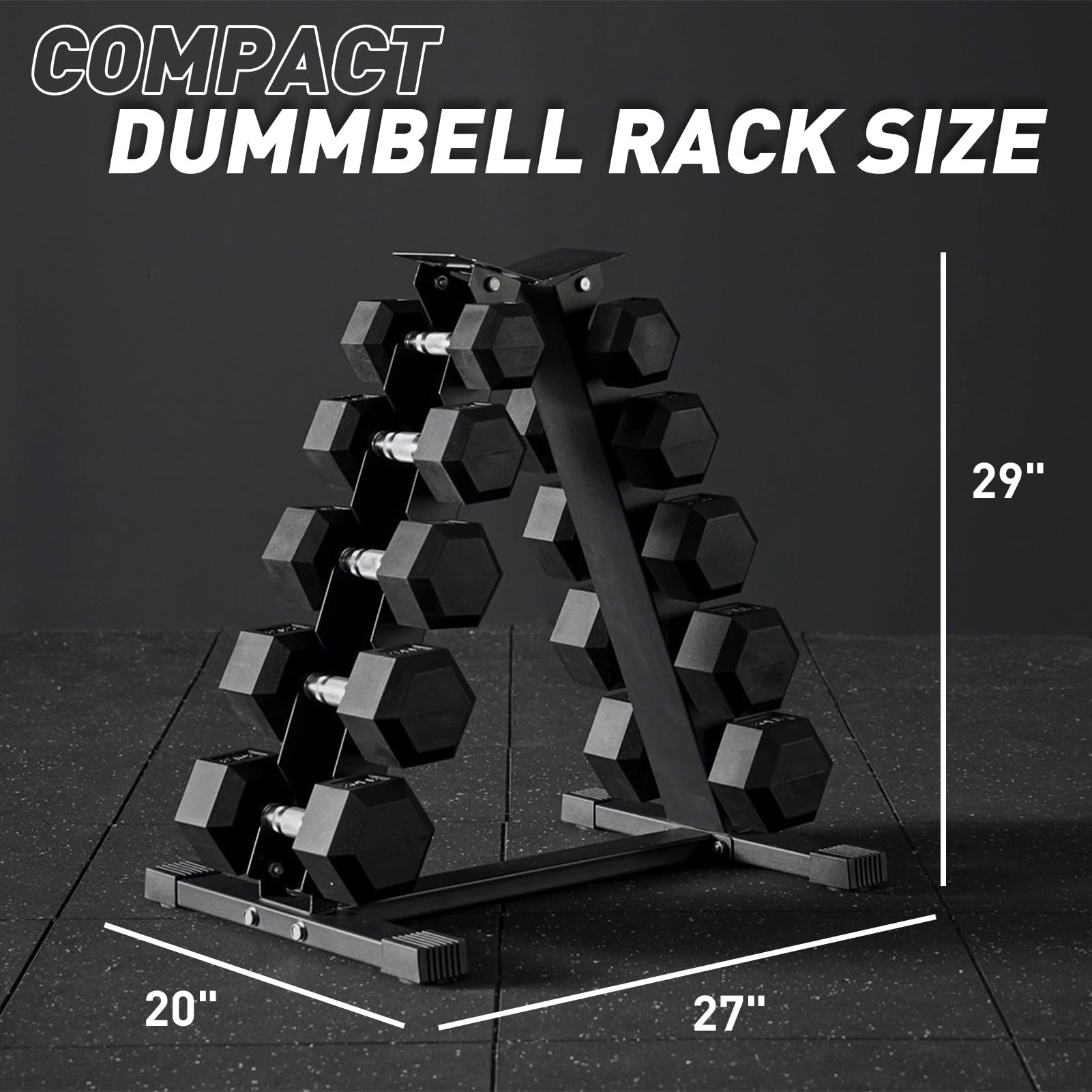 Rubber Hex Dumbbell Set with A-Frame 5 Tier Dumbbell Rack