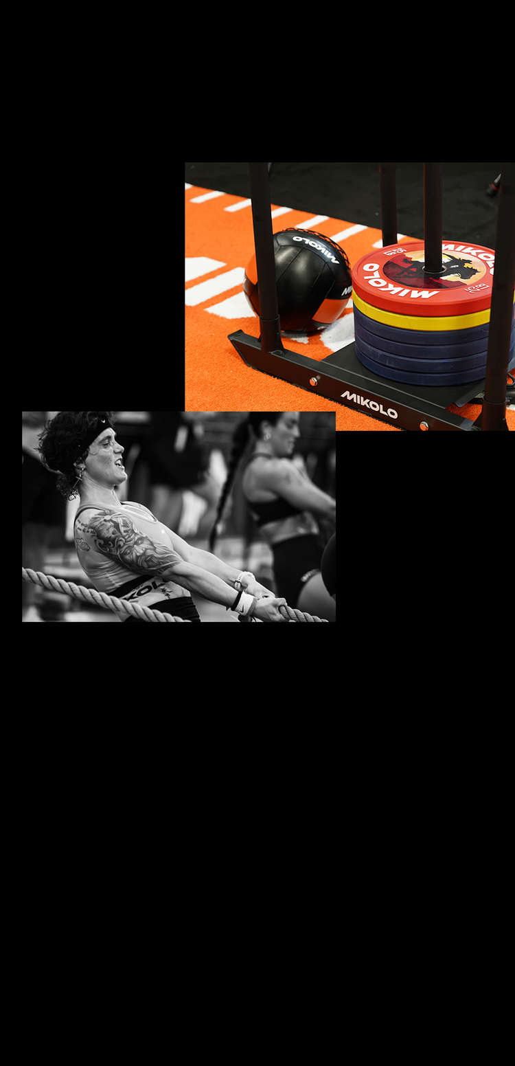 Loaded Mikolo sled and medicine ball on orange turf, plus a black and white photo of a tattooed woman pulling a thick rope