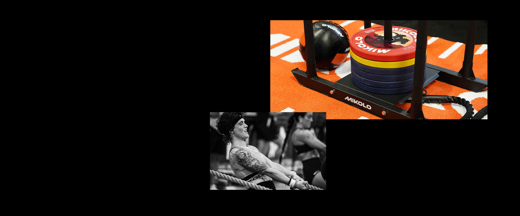 Loaded Mikolo sled and medicine ball on orange turf. A tattooed athlete pulls a rope in a black and white workout photo