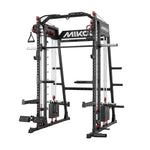 Black Mikolo Smith machine power rack with dual cable pulleys, weight stacks, adjustable J-hooks, and a top pull-up bar