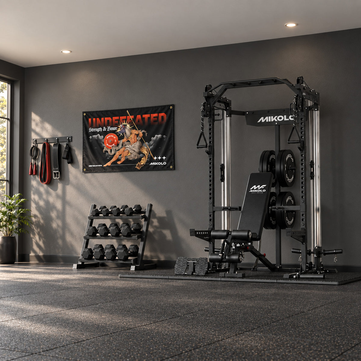 Mikilo GF02 fitness flag displayed in a modern home gym