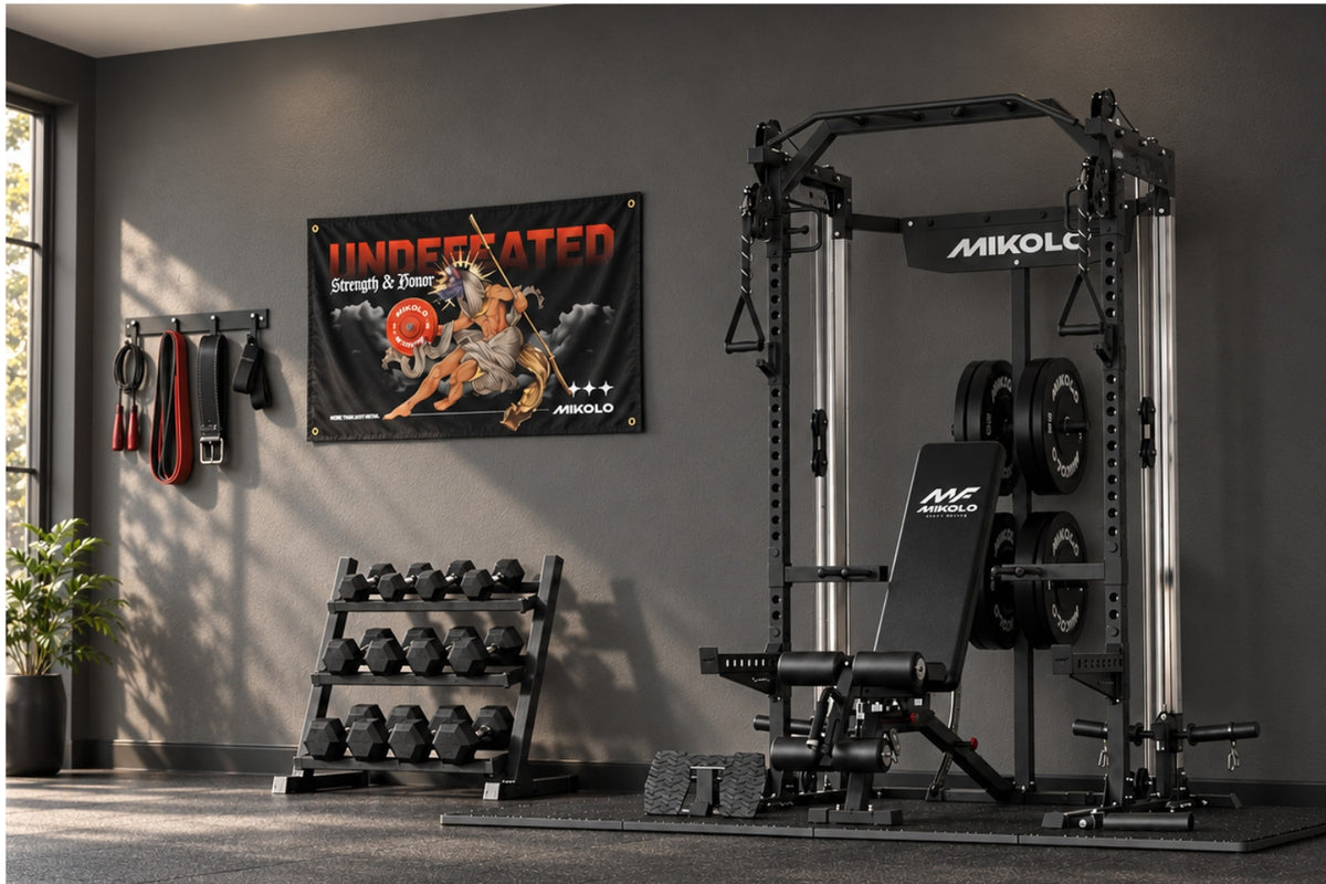 Mikilo GF02 fitness flag displayed in a modern home gym