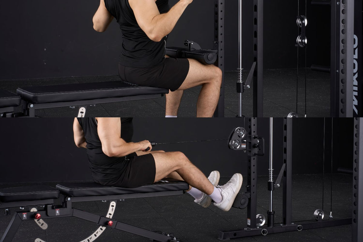 Man performing lat pulldown and low row exercises on a cable machine power rack with a bench
