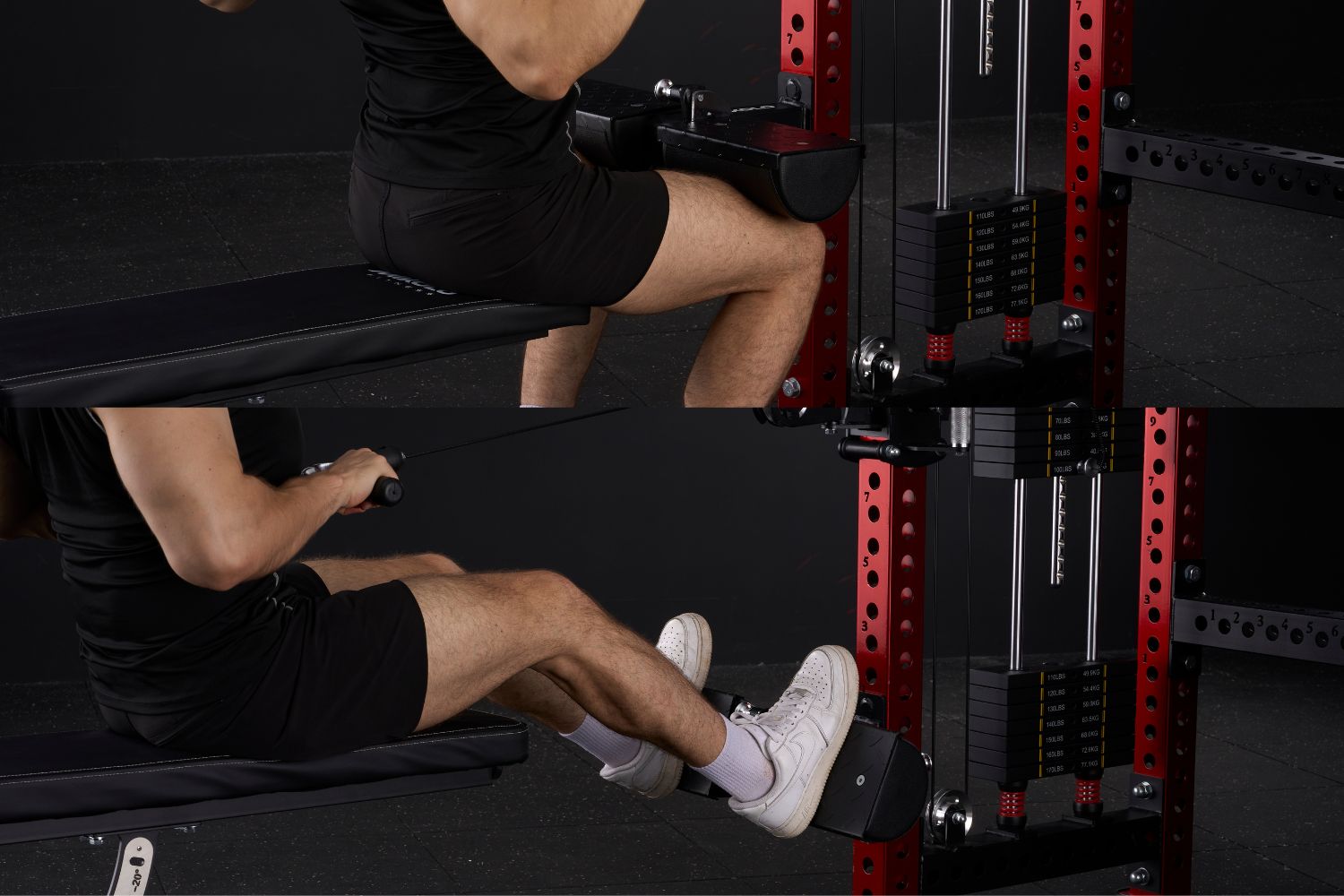 Man demonstrating lat pulldown and low row exercises on a red rack attachment with a leg pad, footplate, and weight stack