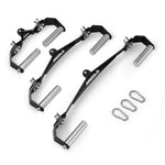 Three black MIKOLO lat pulldown bars with silver handles and three silver carabiners arranged on a white background