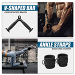 V-shaped cable bar attachment and muscular man exercising, plus black ankle straps and a woman doing leg kickbacks