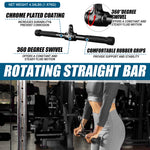 Rotating straight bar with rubber grips and 360-degree swivel used by a woman for cable exercises in a gym