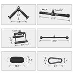 Inch dimensions for six cable attachments: V-bar, straight bar, double handle, rope, ankle strap, and carabiner.