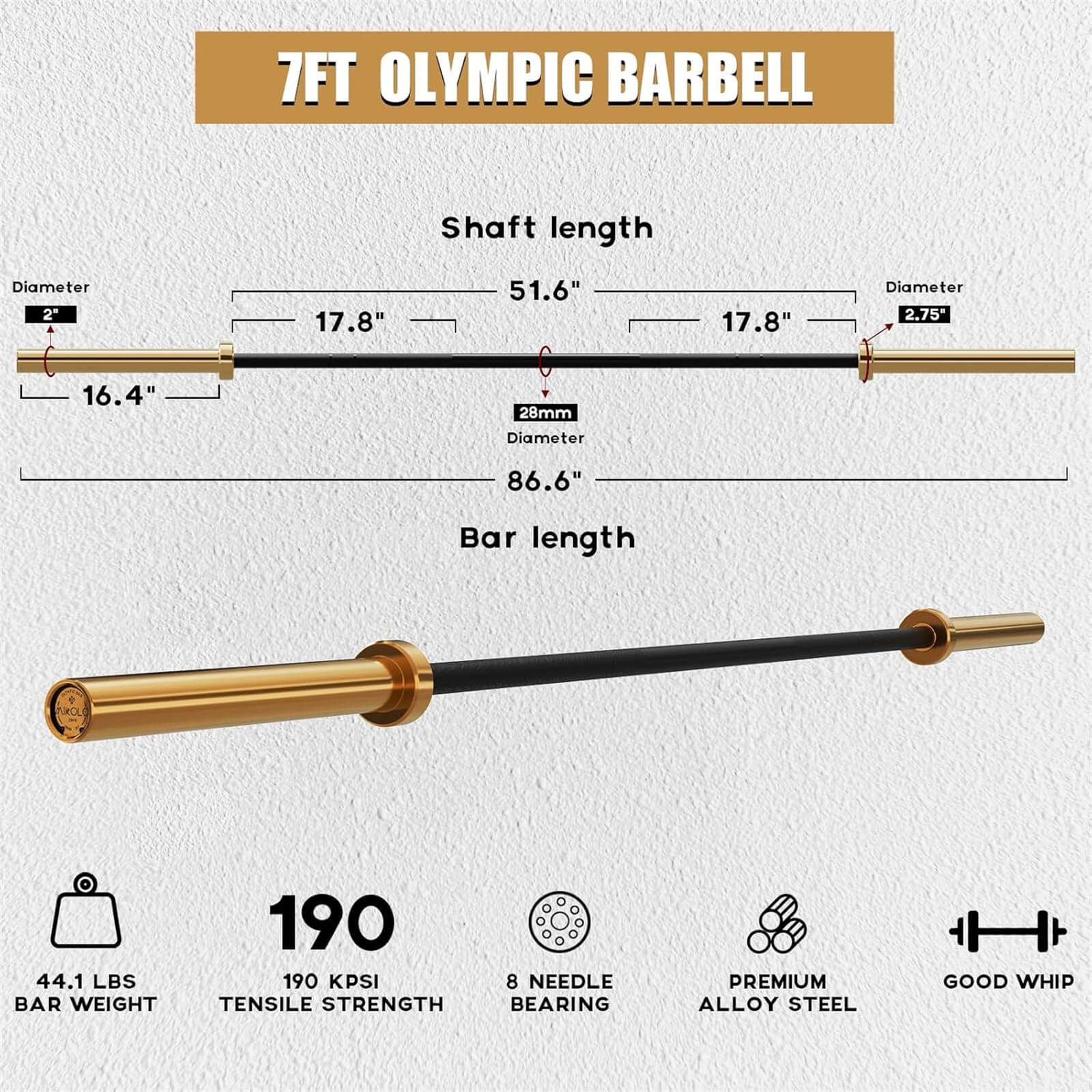 Gold 7 ft Barbell - 20 kg