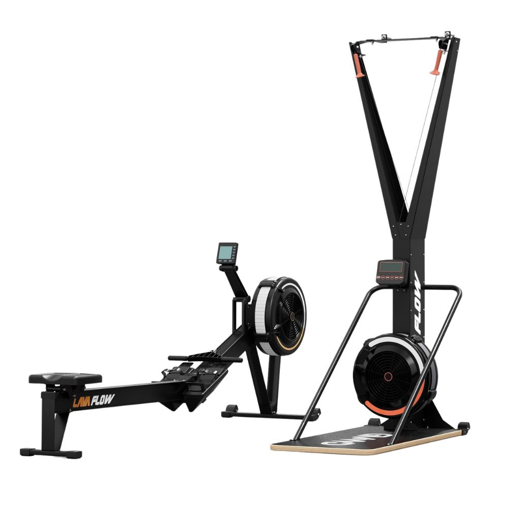 Black LMA Flow rowing machine and vertical ski erg trainer with orange accents
