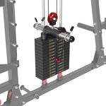 Black weight stack labeled 10 to 130 lbs on a grey gym frame with a red pulley, silver guide rod, and red selector pin