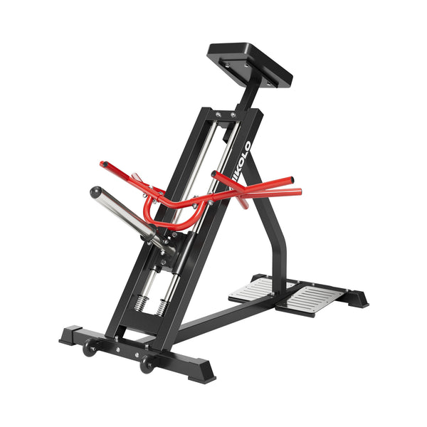 Black and red Mikolo T-bar linear row machine featuring a chest support pad, footplates, silver guide rods, and a weight load